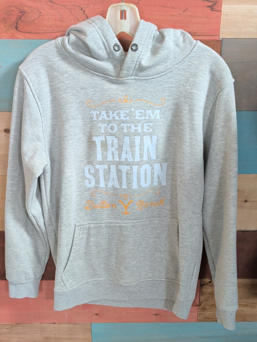 Women's Light Gray Pullover Hoodie with White & Orange Train Station Graphic